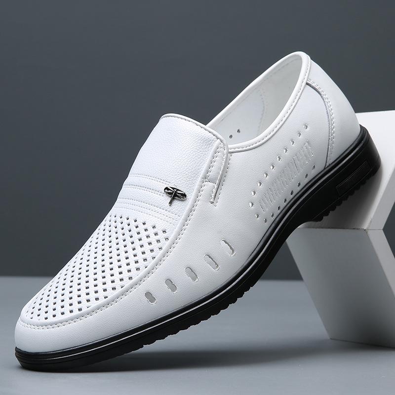 Men's white leather sandals men's new high-end leather shoes summer 40 to 50 years old hollow punched hole dad shoes