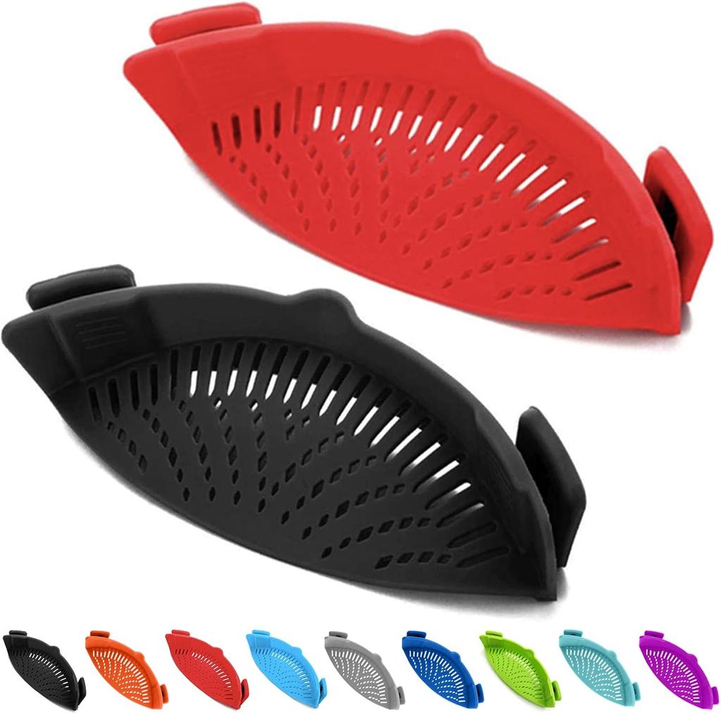 2 Pcs Silicone Clip on Strainer for Pasta Meat Vegetables Fruit, - Fit All Pots and Bowls.