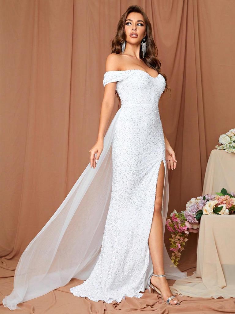 Abito da Sposa Bodycon a Sirena con Paillettes Monospalla con Spacco e Patchwork in Rete
