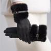 Women's Warm Suede Gloves with Faux Mink Fur and Buckle