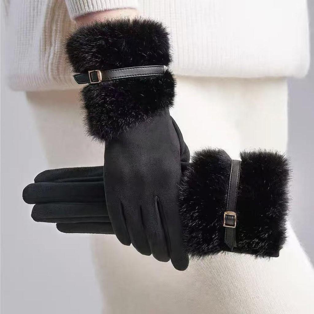 Women's Warm Suede Gloves with Faux Mink Fur and Buckle