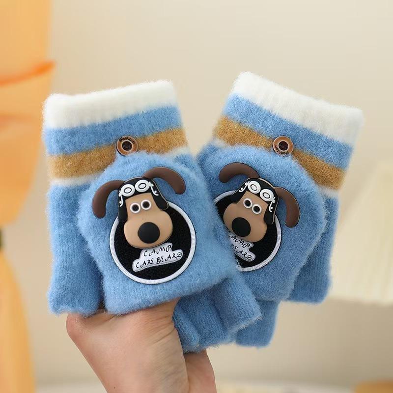Children's gloves new autumn and winter baby cute warm thickened five-finger flip writing primary school students half-finger gloves
