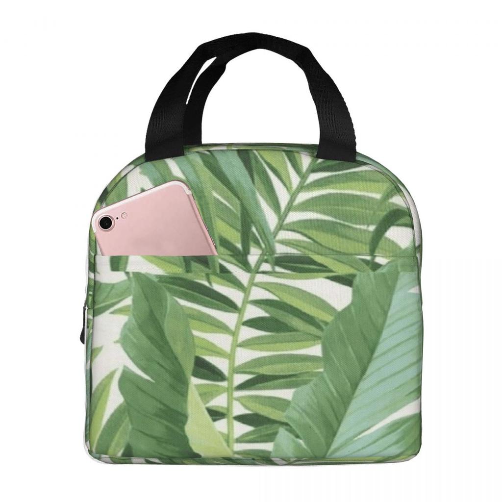 Green Tropical Leaf Print Insulated Lunch Bag for Kids School Cooler Thermal Food Box Tote Portable Lunch Boxes Container