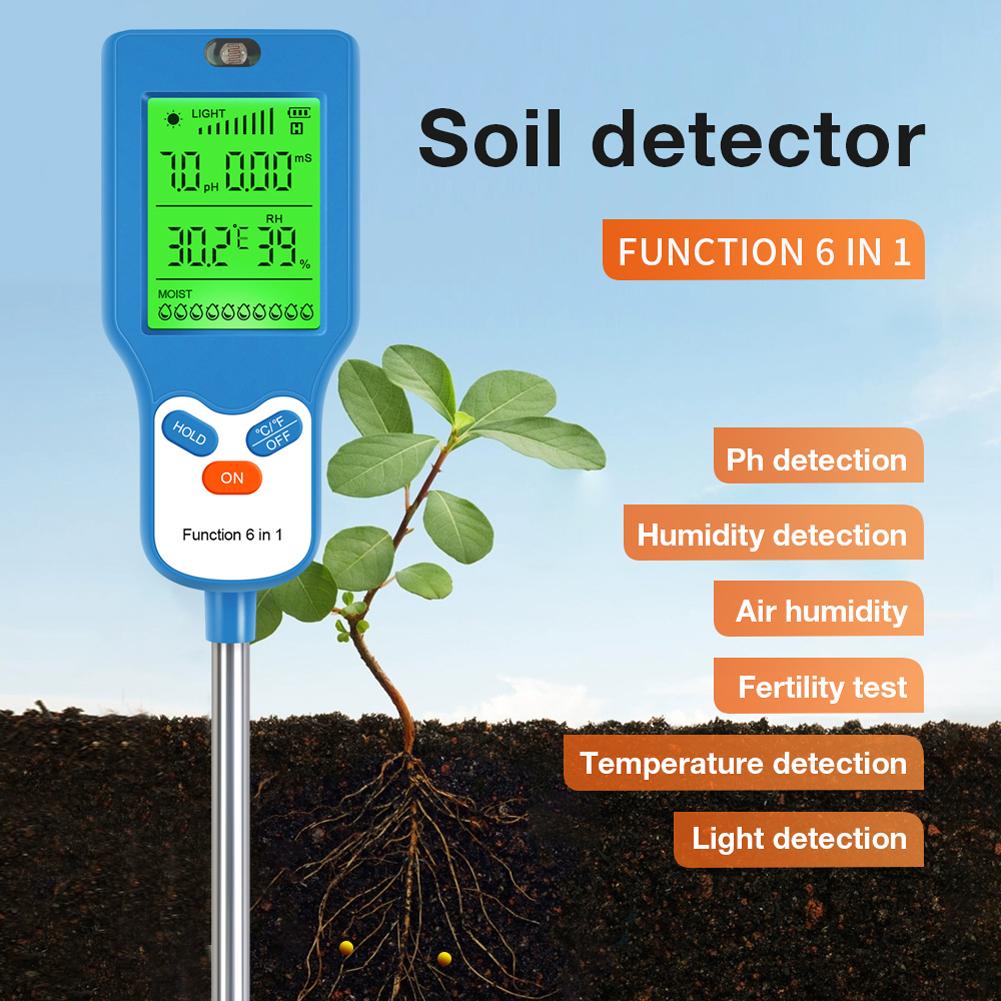 6-in-1 Soil Test Meter PH Meter/Fertility/Temp/Moisture/Sunlight/Humidity Soil Detector for Gardening Farming and Outdoor Plants