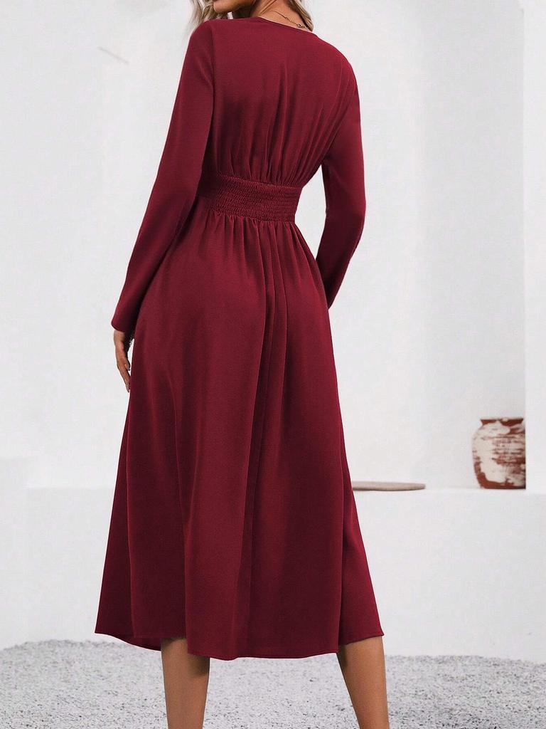 Elegant Women's V-Neck Long Sleeve Ruched Waist Dress for Autumn/Winter