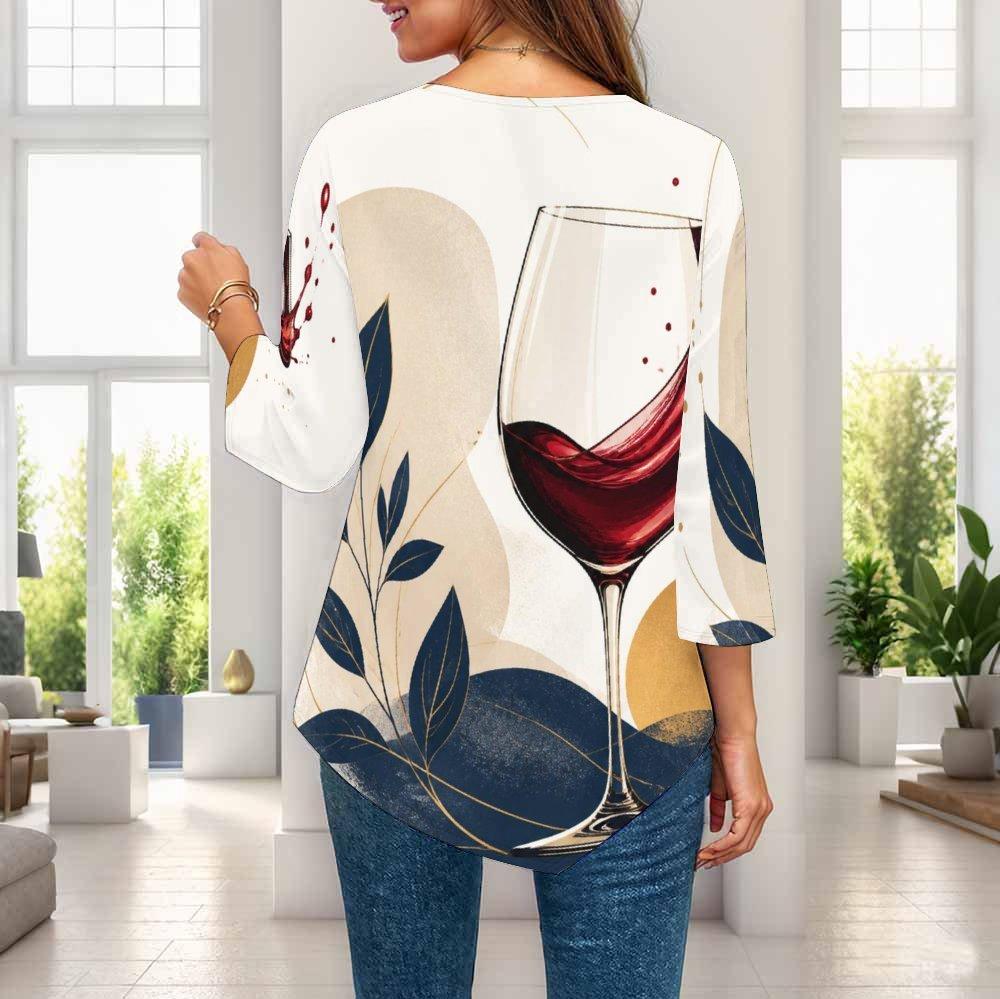 Ladies Plus Size Three Quarter Sleeve Shirt Pointed Hem Loose Breathable Casual For Office Daily Wear