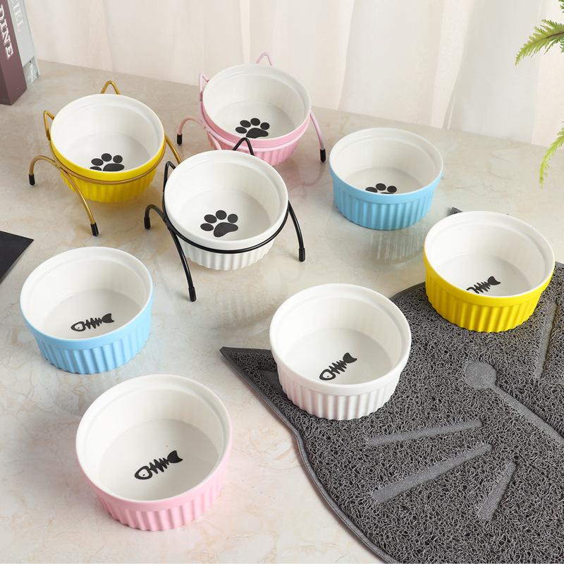 Cat Bowl Cat Ceramic Bowl Water Bowl with Bowl Rack Wrought Iron Rack Cat Bowl