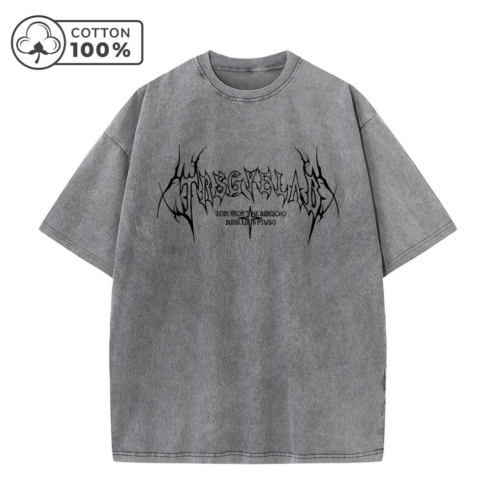 

Mens Retro Distressed Washed TShirt Pure Cotton Loose Fit Casual Short Sleeve Dark Gothic Text Print Stylish Commuter Top S