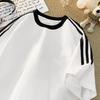 Men Summer Casual Loose Oversize Short Sleeve Round Collar Handsome Teenager Striped Pullover Cotton T Shirt Top