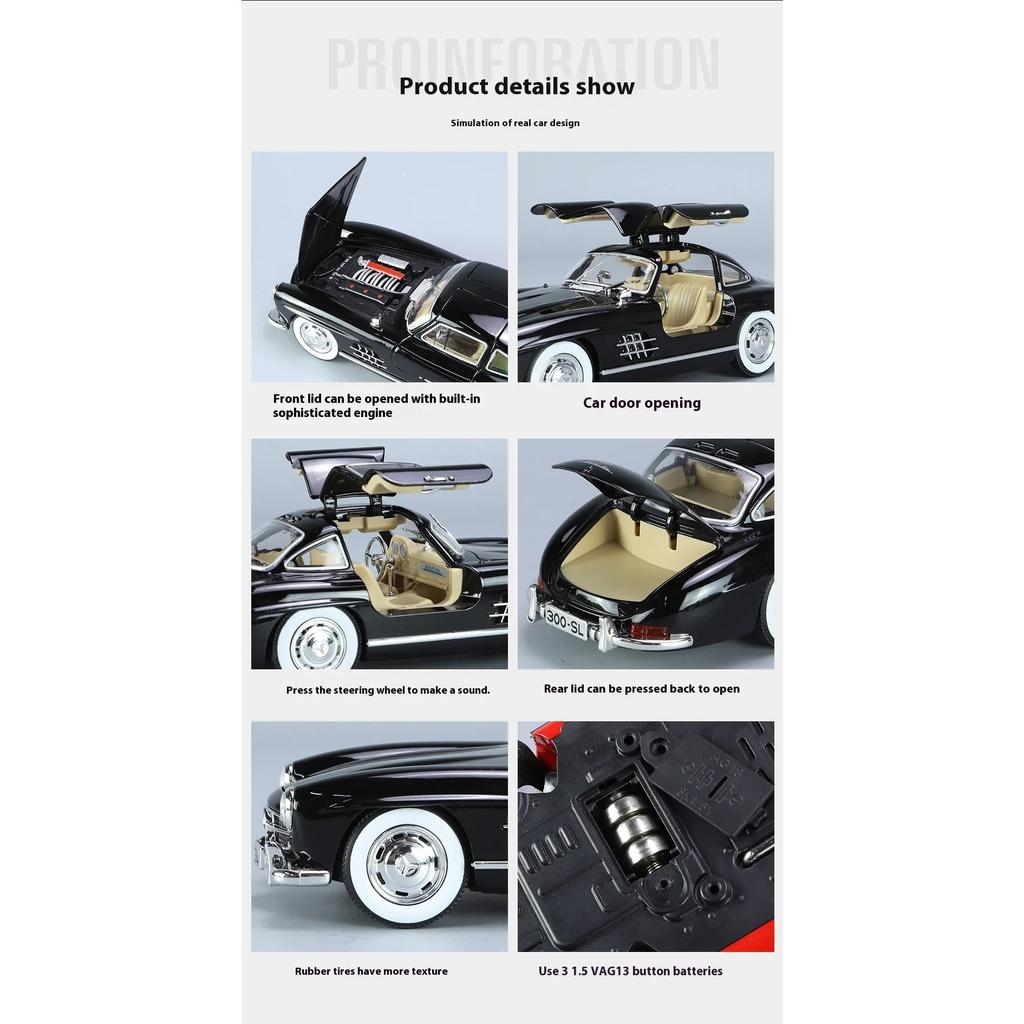 1/24 Mercedes-Benz 300SL 1936 Classic Car Legering Diecast Bilmodell Lyd Lys Barneleke Samleobjekter Hobby Bursdagsgaver
