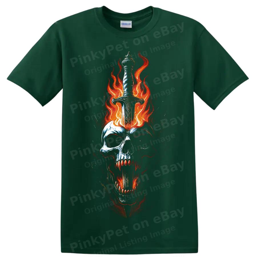 Skull Dagger Flames Gothic Horror T Shirt Fiery Dark Art Graphic Tee Unisex Top