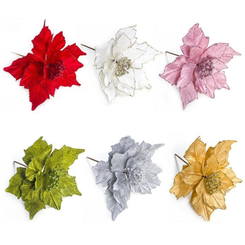 1PC Glitter Christmas Flower Head Rayon Flower DIY Christmas Tree New Year Decoration