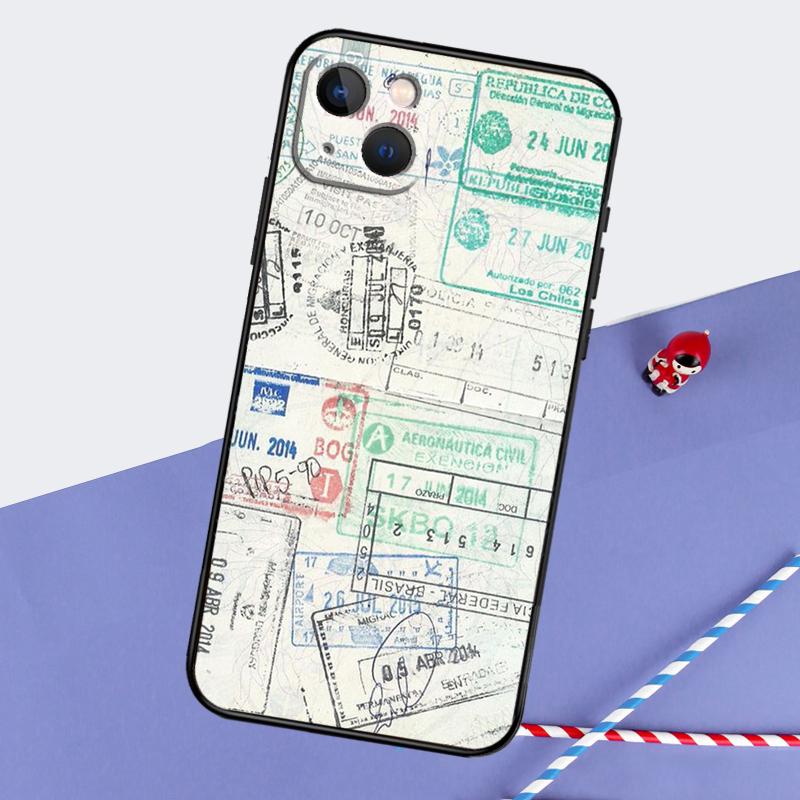 Retro Post Card Passport Stamps Phone Case For iPhone 16 Pro 15 Pro 11 12 13 14 Pro Max Mini XR 16e 15 16 Plus Cover Shell