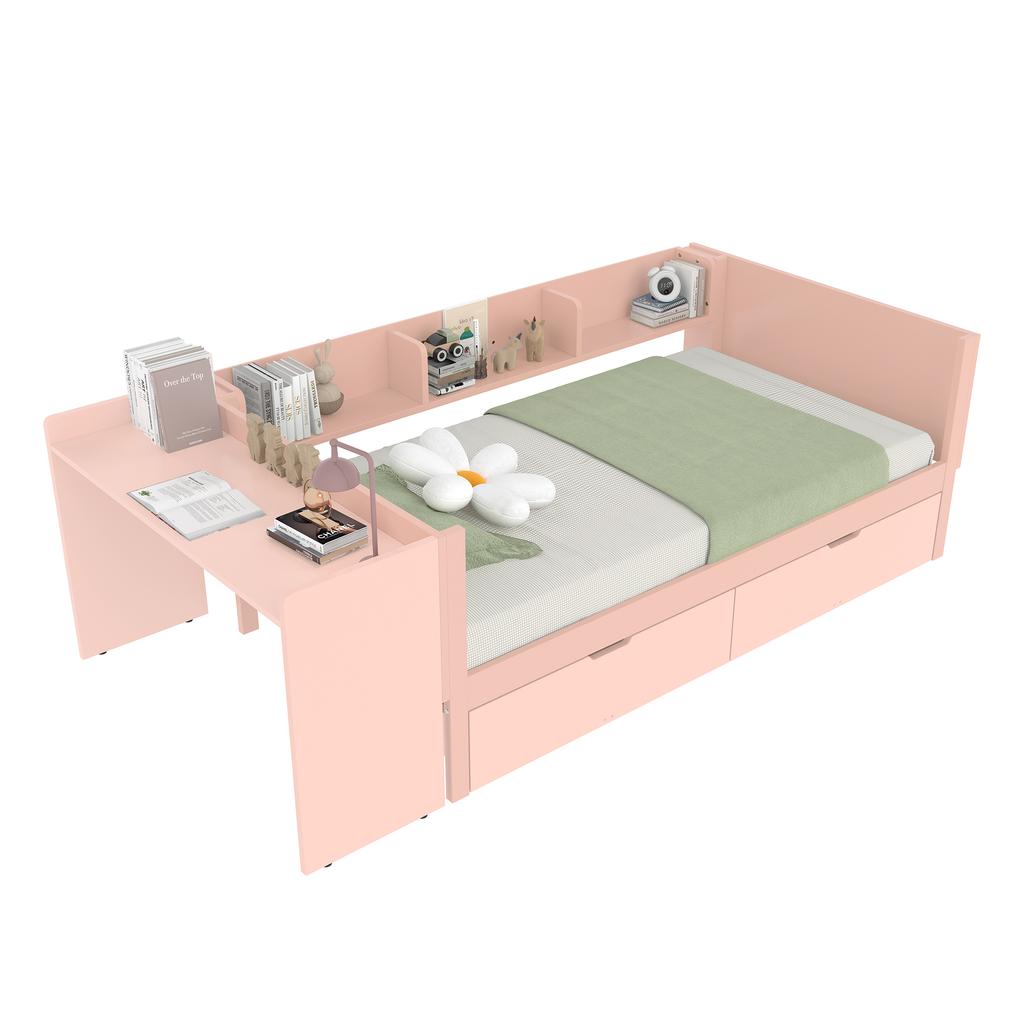 Letto Basso, Letto in Legno, 90x200cm, con Scrivania, Dotato di 2 Cassetti, Letto Singolo(Senza materasso), con Ripiani, Pino+Pannello Truciolare, Rosa