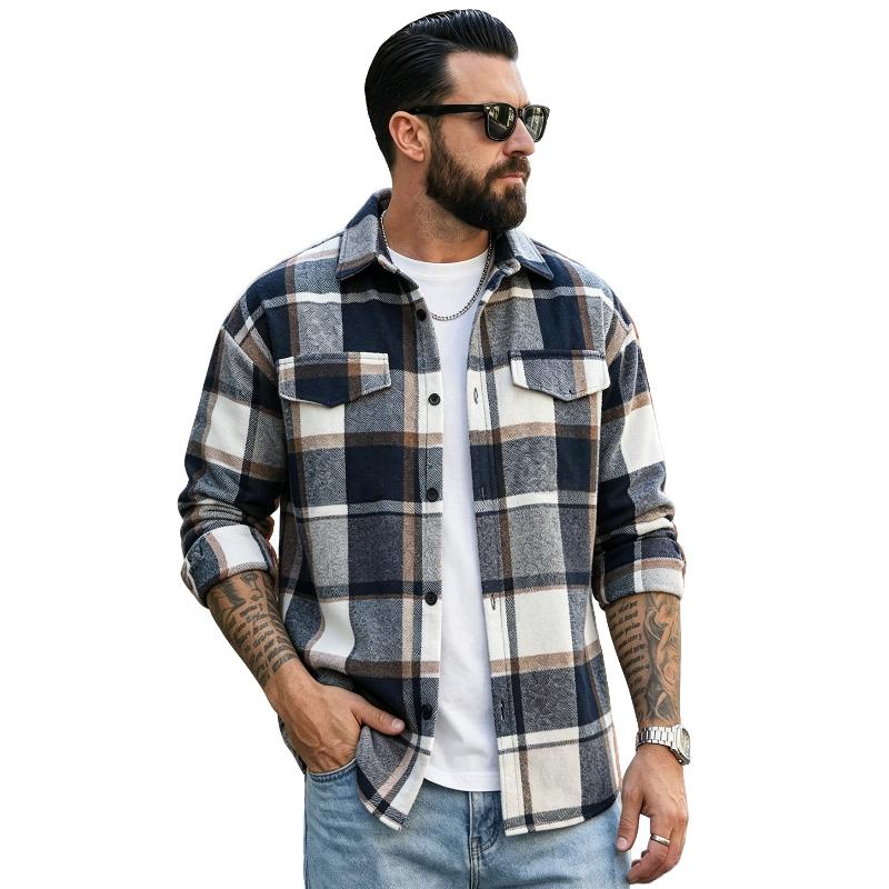Herren Flanellhemden Lässig Button-Down Karomuster Hemdjacke Langarmhemden mit Taschen Normale Passform Arbeitshemd Outfit für Männer