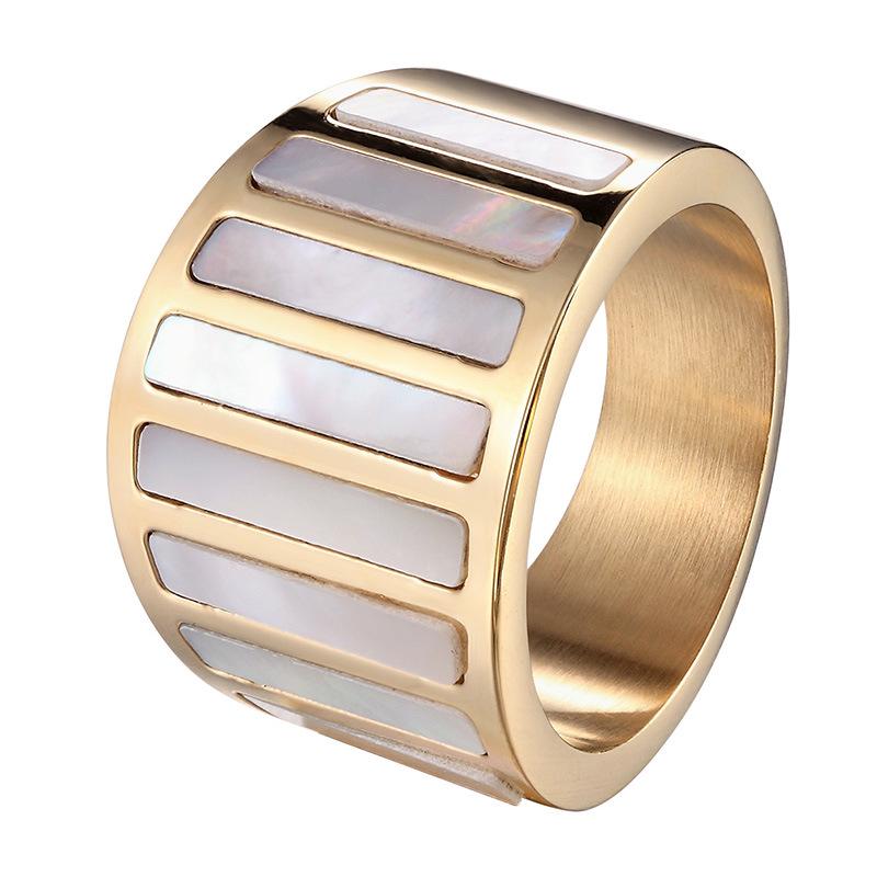 Women's High-End French Retro 14K Gold-Plated Titanium Steel Ring with Mother-of-Pearl Stripes