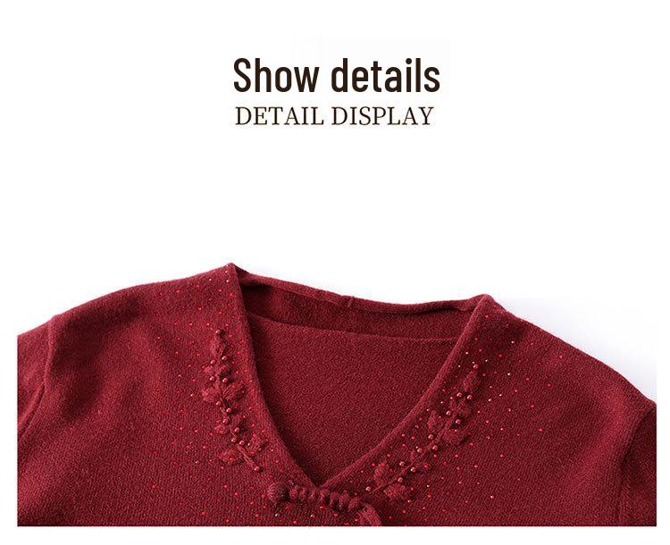 2025 New Style Red Winter Base Layer Top for Middle-Aged Women - Thickened Knitted Sweater