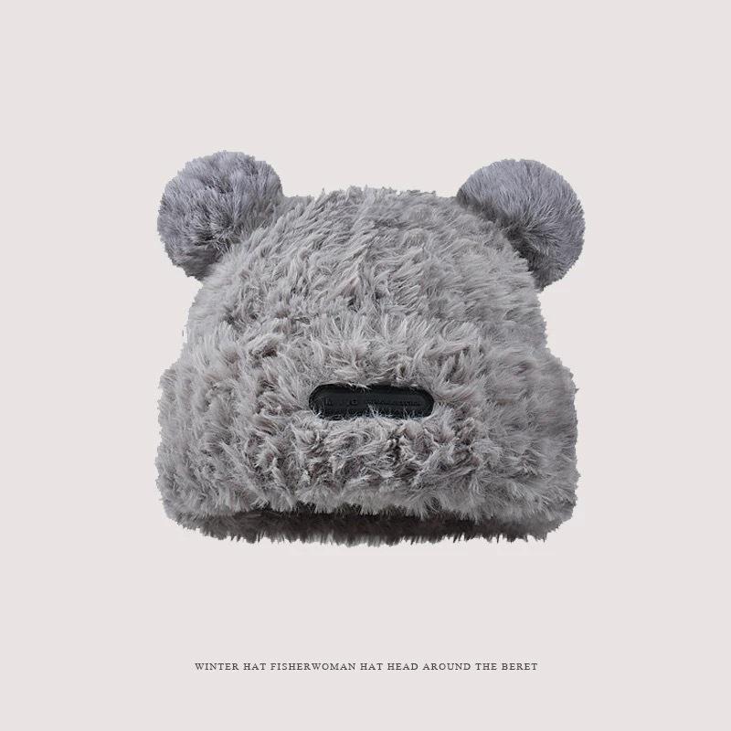 2025 Winter Cute Plush Earflap Knitted Bear Hat for Women - Korean Style Woolen Hat