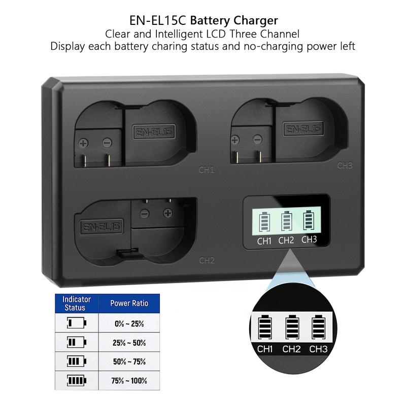 EN-EL15C EN-EL15a EN-EL15b 3 Slot Battery Charger For Nikon Z6 III Z6 II Z6 Z7 II Z7 D850 D810A D810 D800E D800 D750 D610 D600