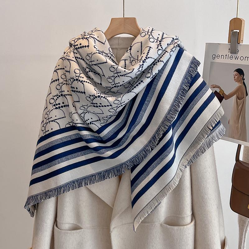 Luxury Brand Winter Women's Cashmere Scarf - Abstract Printed Tasseled Shawl Wrap, Pashmina Bandana & Elegant Poncho