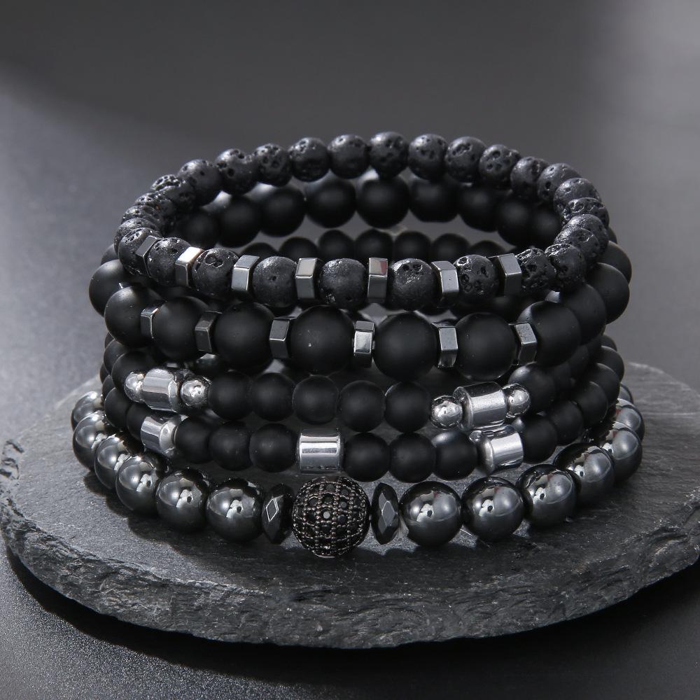 Matte Black Cubic Zirconia Ball & UFO Pendant Braided Bracelet Set