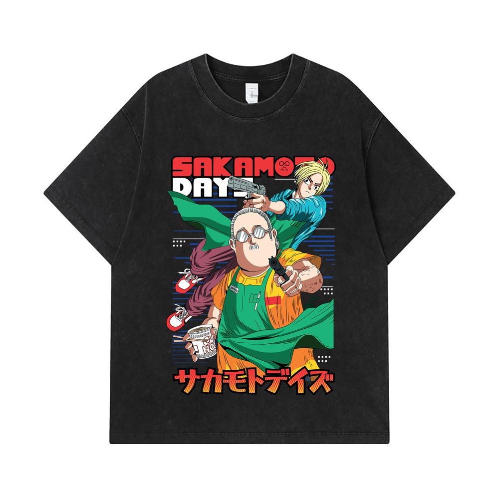 275 GSM Washed T-shirts 100% Cotton Sakamoto Days V3 Taro Shin Print Unisex Heavy Cotton T Shirt