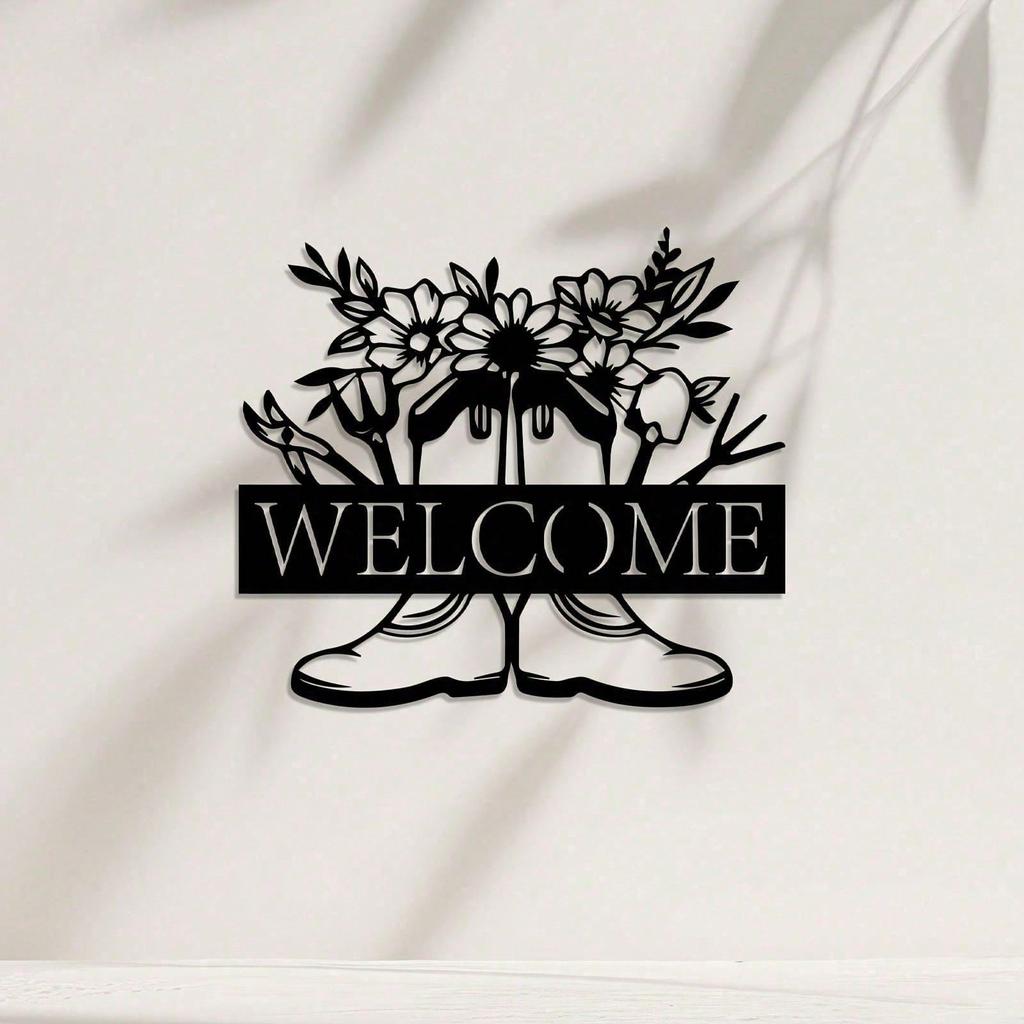 Vintage Metal Wall Art Floral Welcome Sign Durable Iron Garden Decor for Patio Yard Indoors Outdoors Easy Mount Gift
