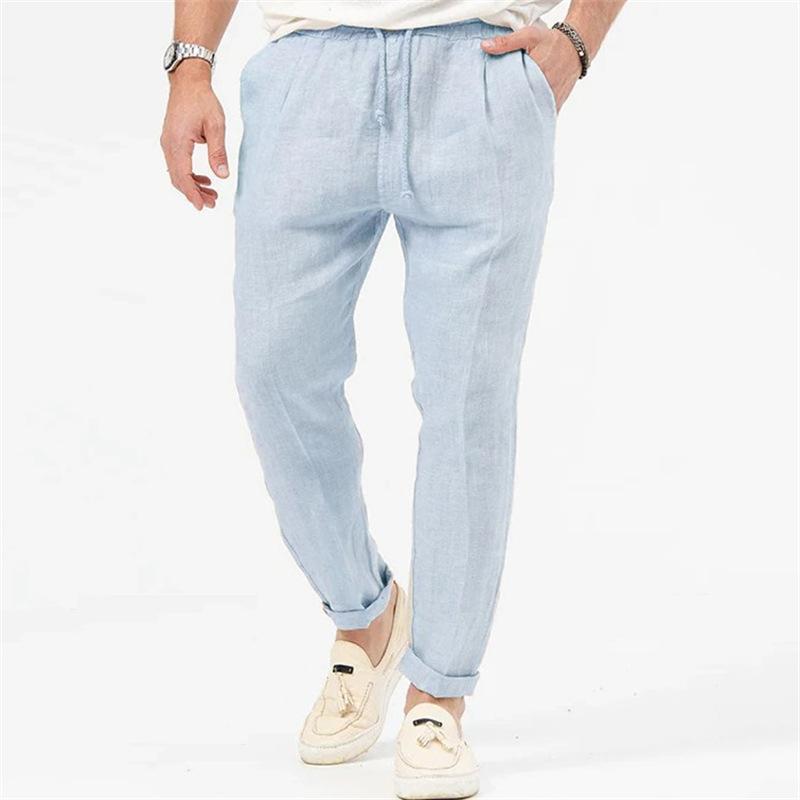 Men's Linen Beach Trousers with Drawstring Elastic Waistband Solid-Coloured Comfortable Breathable Casual Everyday Long Trousers