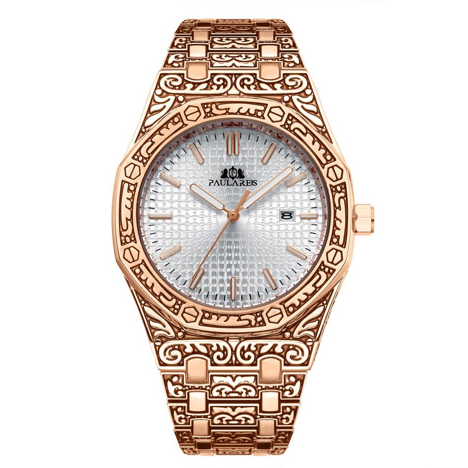 Paulareis Quartz Carved Oak Calendar Men's Luminous Watch