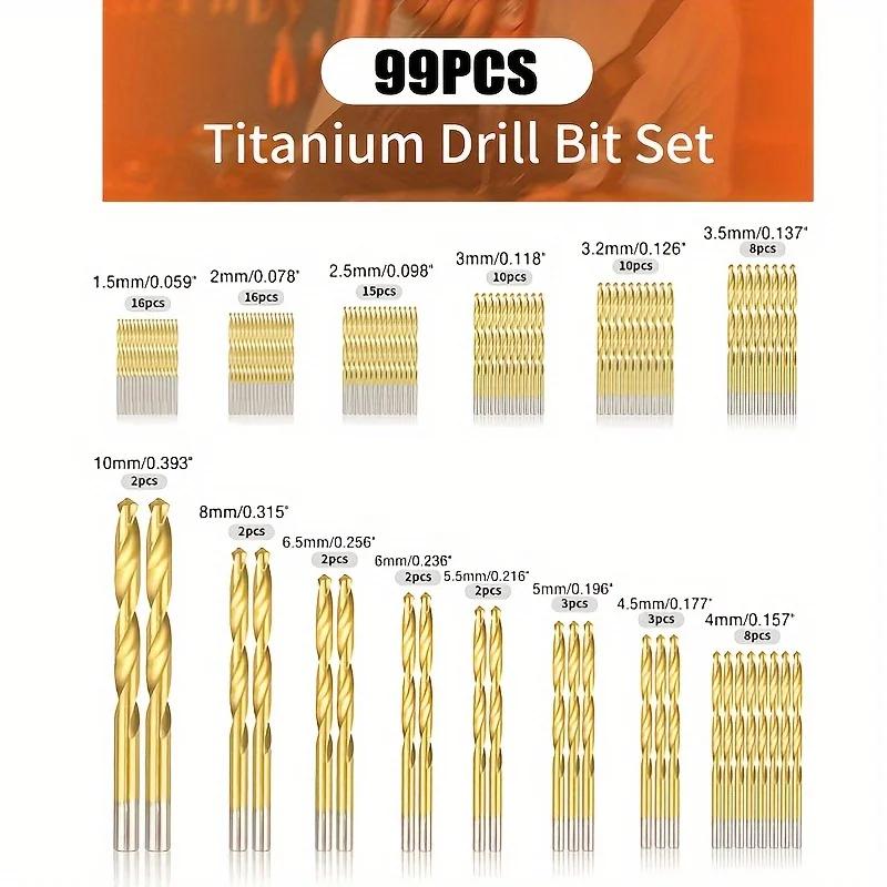 99pcs Titanium Coated Drill Bit Set - High-Speed Durable for Metal Wood Plastic Aluminum Alloy Mixed Drill Bits in Storage Case