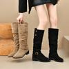 Fashion 2025 Plus Size Buckle Pleated Short Women's Boots European Solid Stretch Mid-Calf Boots Autumn Retro Comfortable Casual Shoes