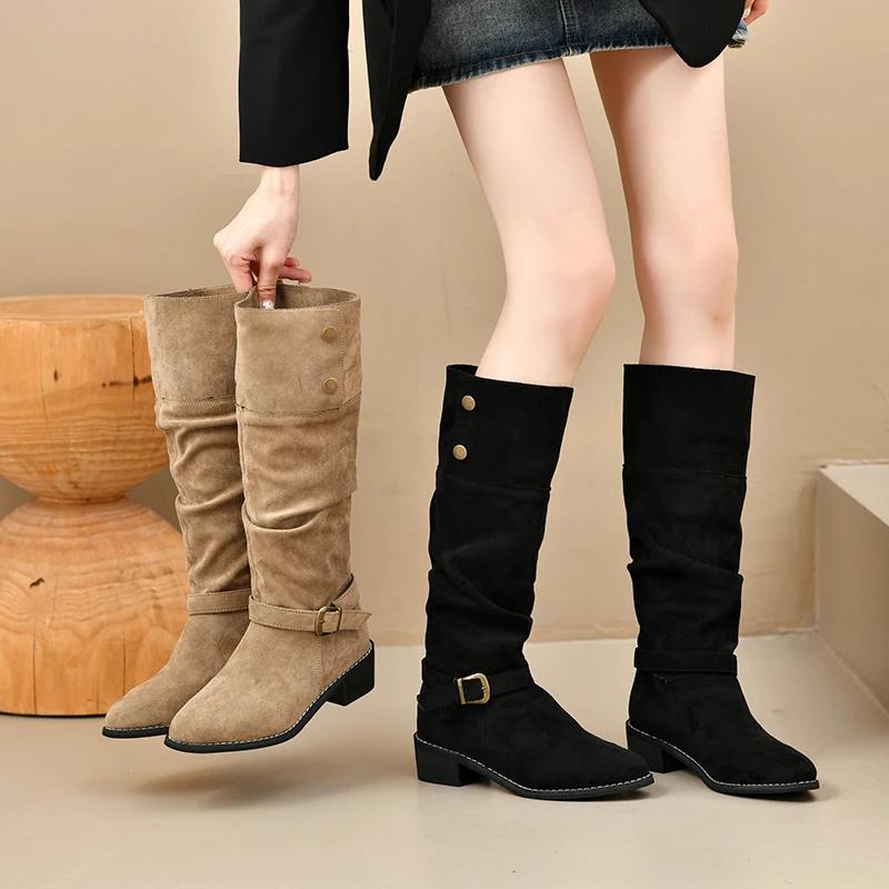 Fashion 2025 Plus Size Buckle Pleated Short Women's Boots European Solid Stretch Mid-Calf Boots Autumn Retro Comfortable Casual Shoes