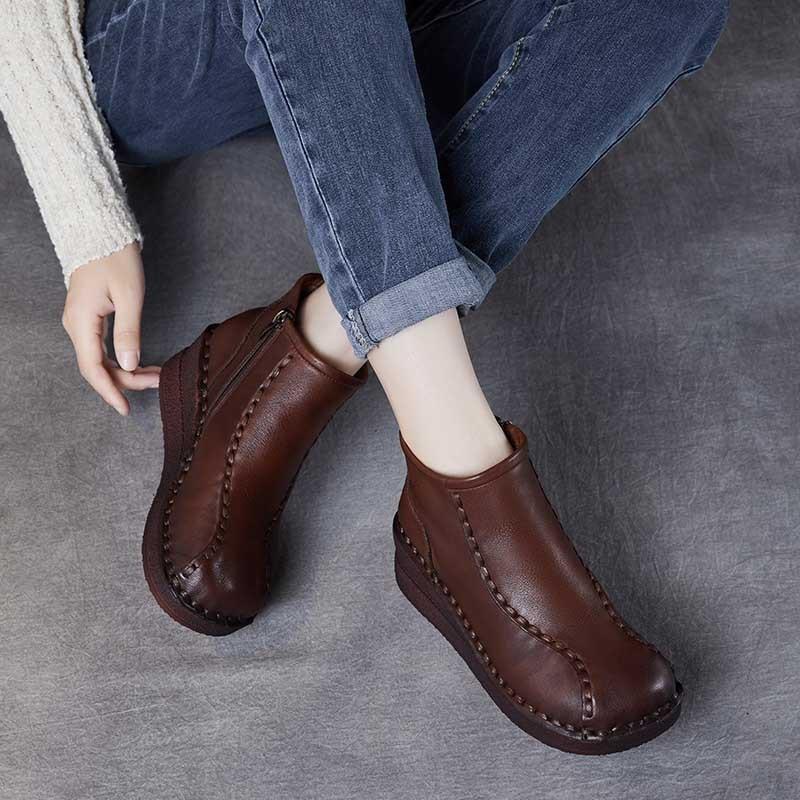 Johnature Retro Soft Soled Wedges Short Boots Genuine Leather Women's Shoes Round Toe Plush Cotton Boots