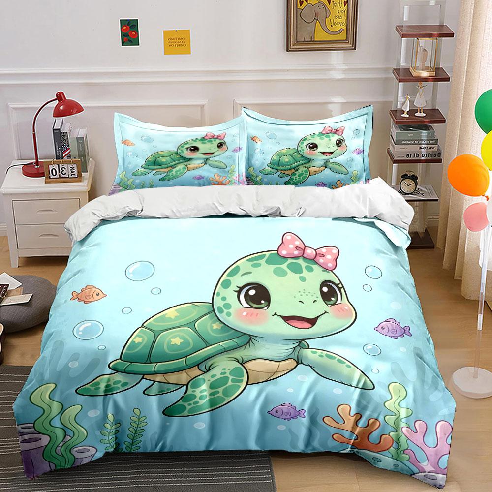 Cartoon Turtle with Pink Bow Bedding Duvet Cover Set (1*Duvet Cover 2*Pillowcases, without duvet insert)