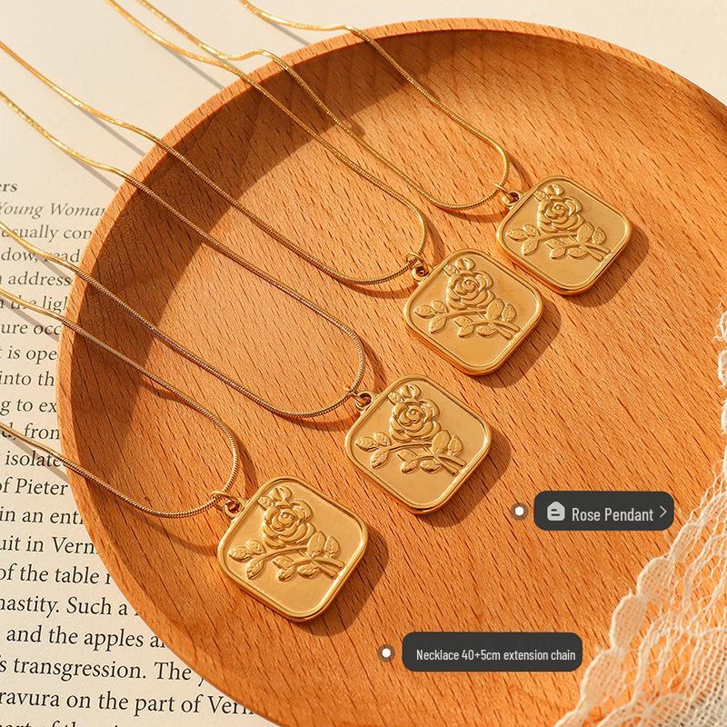 French Retro Rose Pendant Necklace - Gold Plated Stainless Steel Square Design with Clavicle Chain