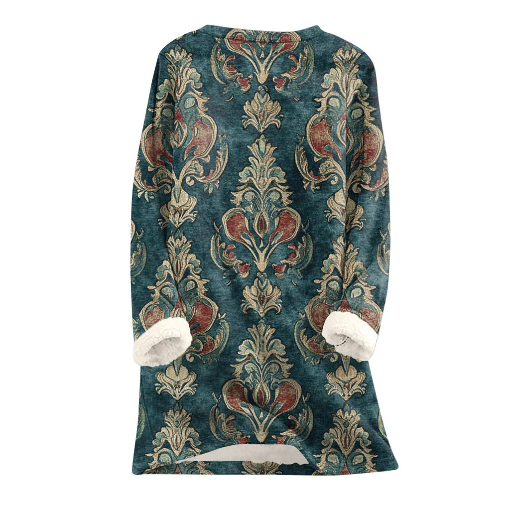 Dámský top s kulatým výstřihem s potiskem, zahuštěný plyšový kašmírový hřejivý dlouhý top