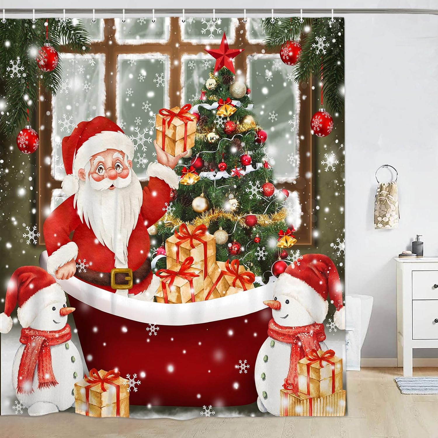 

Funny Santa Claus Snowman Christmas Shower Curtain with Red Gold Tree Design, New Year Bathroom Decor for Festive Celebration 90x180cm35x71in