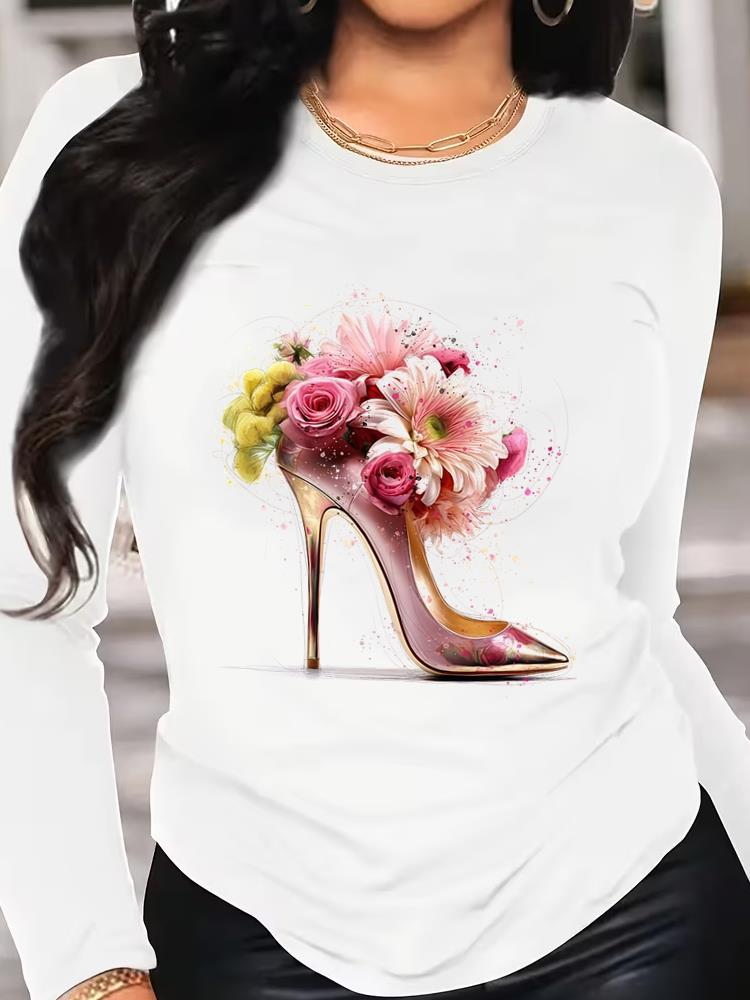 (Asian Size) Love Heart Style Printed Female Clothing Women Tee Lady T Shirt Casual Fashion Top Long Sleeve Graphic T-shirts