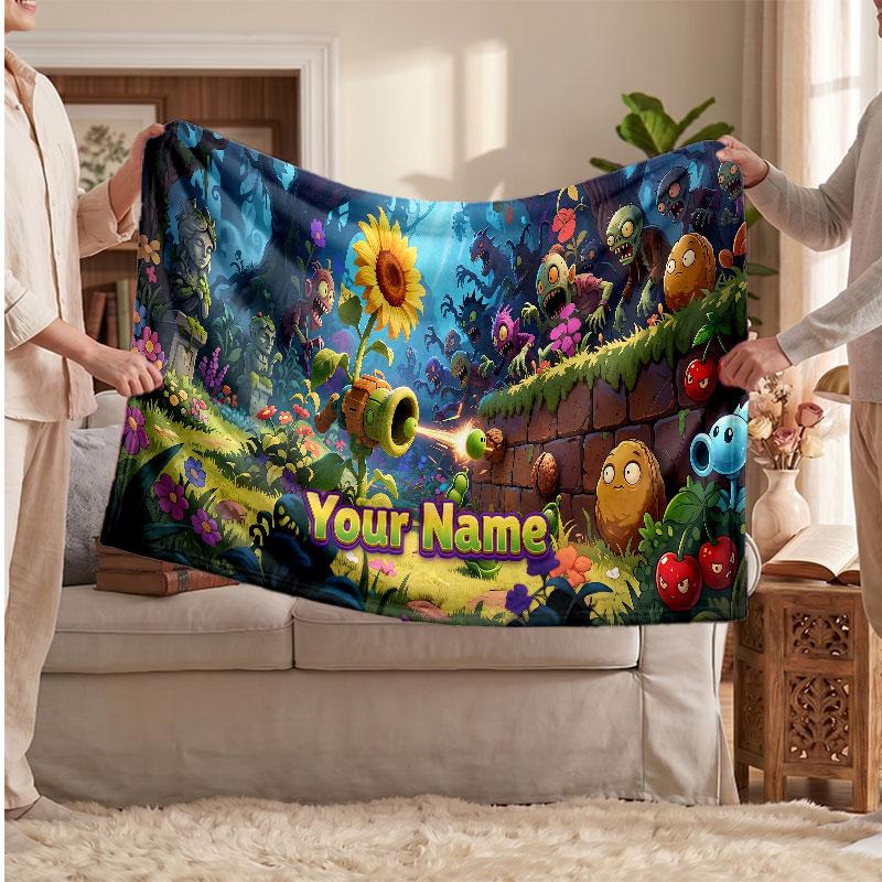 Plants vs. Zombie Personalized Flannel Blanket, Custom Printed Text Name, Warm Soft Blanket For Couch Bed