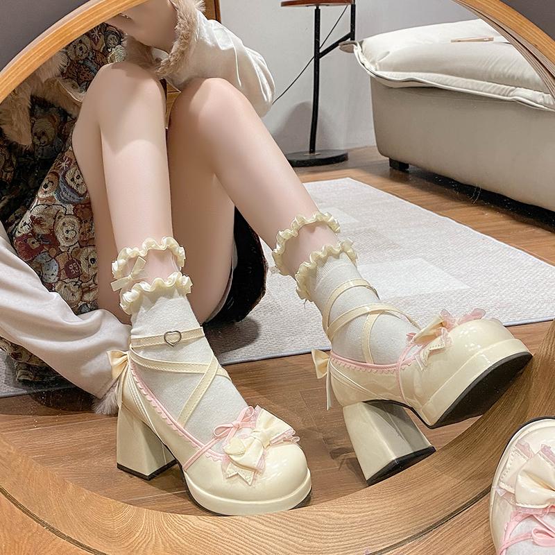 Chunky Heel Platform Women's High Heels 2025 Korean Sweet Mary Jane Pumps Small Leather Shoes Bow Princess Style Lolita Heels