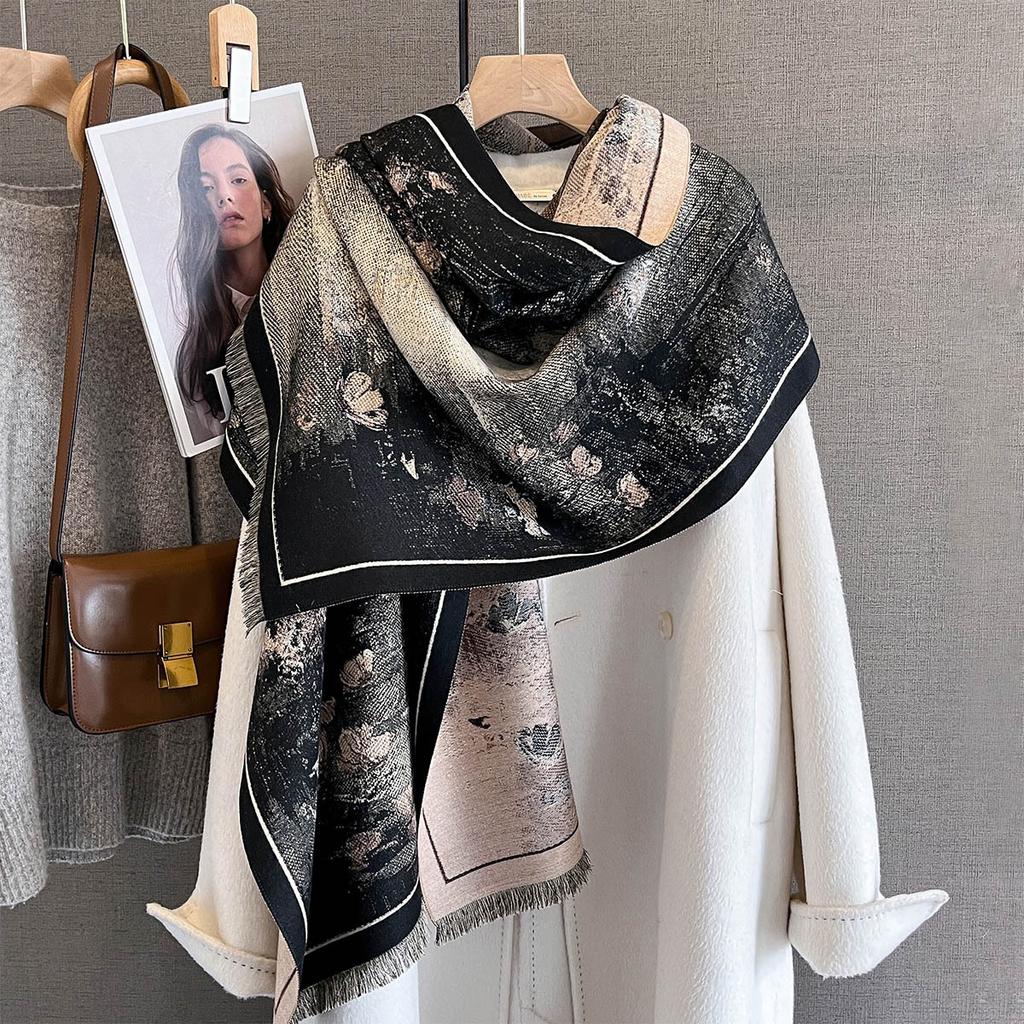 Autumn personalized versatile plant flower print scarf women's imitation cashmere warm windproof scarf with a large shawl tide
