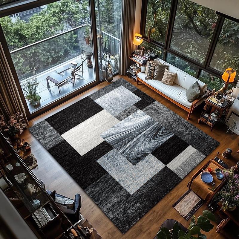 RAKKS Modern Geometric Area Rug Soft Black Gray Abstract Grid Office Living Room Sofa Floor Mat Study Game Carpet Home Decor