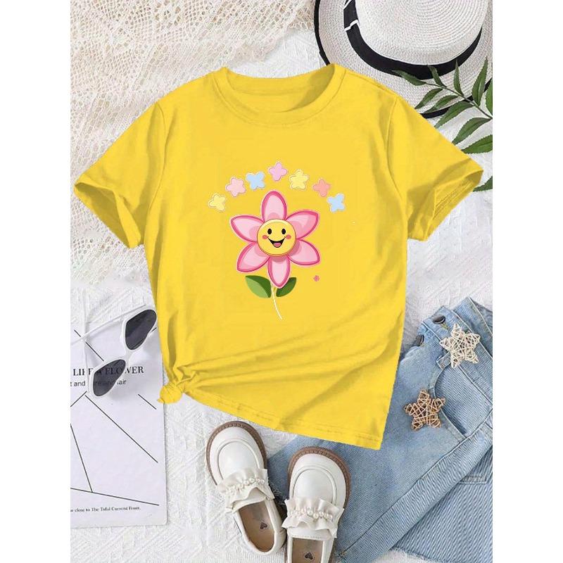 European sizes Girls' Printed Round Neck Short Sleeve T-Shirt, Printed Style, Comfortable Fit, Back to School Season
