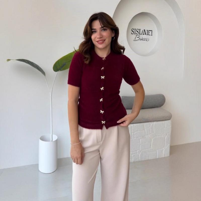 Autumn 2025 Women s Round Neck Bow Knitted Sweater XXL вино красного