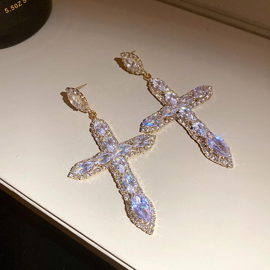 Silver Needle Diamond Zircon Cross Pendant Earrings European and American Simple Fashion Earrings Light Luxury Premium Earrings