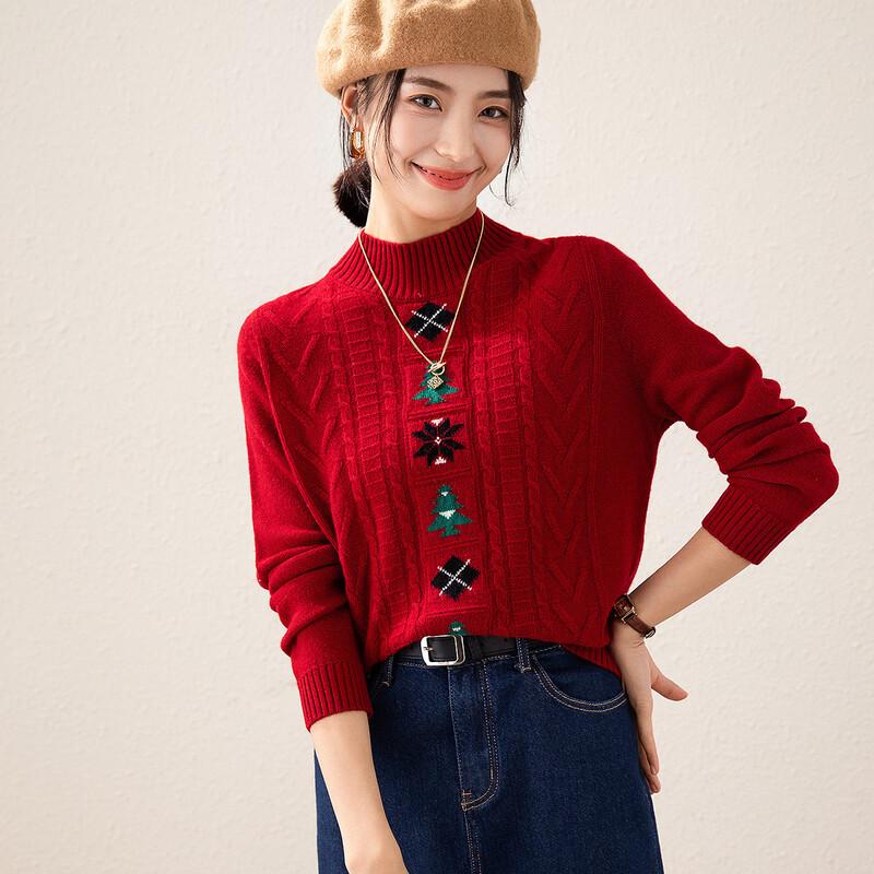 TUHUANG Women's Thick 100% Wool Christmas Jacquard Semi-High Collar Sweater