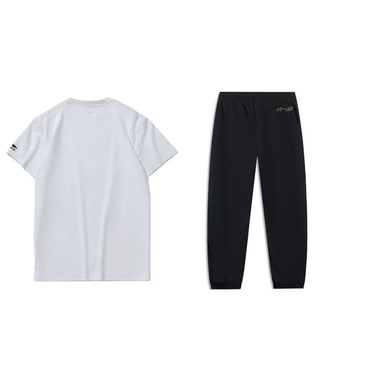 Li Ning Printed Letter Crew Neck Pullover Short Sleeve T-Shirt And Mid Waist Cuffed Long Pants Casual Sports Set Men Sets AHST467-1+AYKT415-1