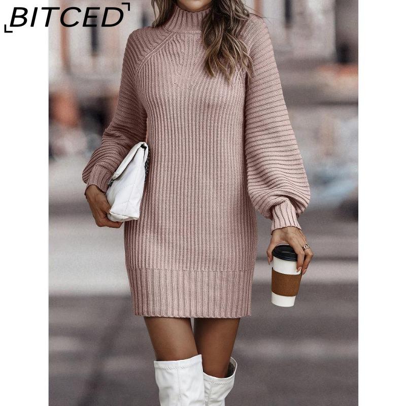 BITCED Fall/Winter Solid-Color Long-Sleeve Fashion Turtleneck Sweater Dress for Women