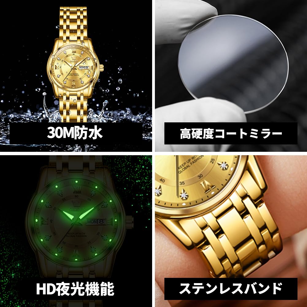 OLEVS Women's Scented Quartz Watch with Metal Band, Waterproof, Luminous, Date Display, Diamonds, Casual and Stylish, Gold