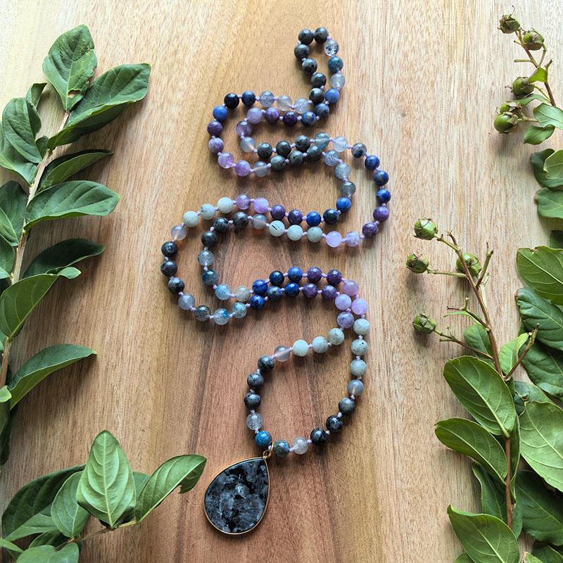 Blue Strawberry Quartz,Lepidolite,Sodalite,Lavender Amethyst Mala,Black Labradorite Pendant,108 Hand Knotted Meditation Necklace 110CM